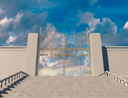 Photo for A concept depicting a huge staircase leading up to the closed majestic pearly gates of heaven srrounded by a blue sky background - 3D render - Royalty Free Image