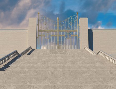 Téléchargez les photos : Un concept représentant un immense escalier menant aux majestueuses portes nacrées fermées du paradis entourées d'un fond bleu ciel - rendu 3D - en image libre de droit