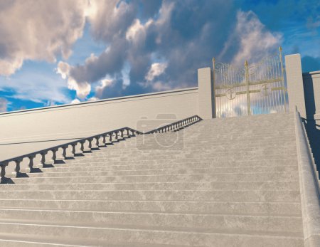 Photo for A concept depicting a huge staircase leading up to the closed majestic pearly gates of heaven srrounded by a blue sky background - 3D render - Royalty Free Image