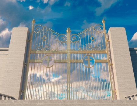 Ein Konzept, das eine riesige Treppe zeigt, die zu den geschlossenen majestätischen, perlenden Himmelspforten führt, umgeben von blauem Himmelshintergrund - 3D-Render