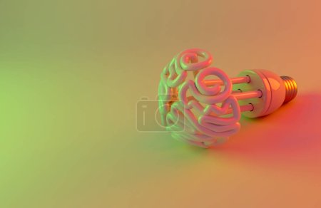 Eine unbeleuchtete Leuchtstofflampe in Form eines stilisierten Gehirns auf einem isolierten bunten Bonbonhintergrund im Studio - 3D-Render