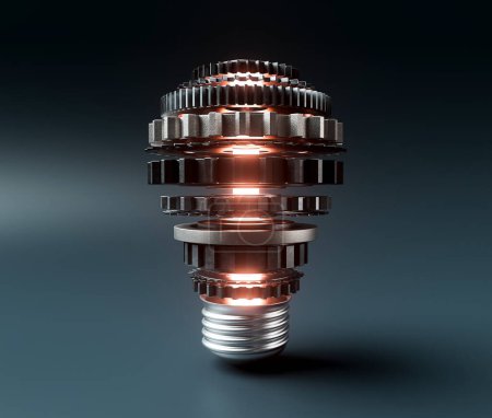 A lightbulb concept made from metal cogwheels and a central neon illuminated lgiht symbolising imagination on a dark dramatic background - 3D render