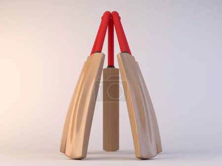 Téléchargez les photos : Un tableau circulaire de chauves-souris de cricket génériques avec des poignées rouges sur un fond isolé - rendu 3D - en image libre de droit
