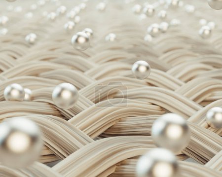 Photo for An extreme magnification of a weave of cream individual fabric threads being penetrated by silver molecules on an isolated background - 3D render - Royalty Free Image