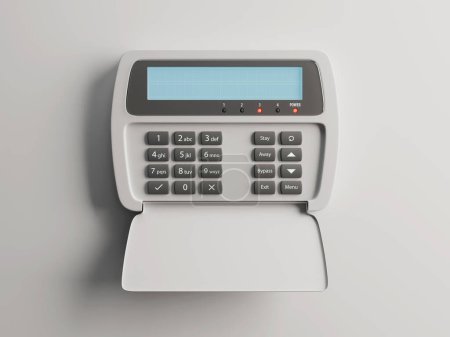 Foto de Un panel de acceso de teclado de seguridad para el hogar con botones y una pantalla iluminada en blanco: renderizado 3D - Imagen libre de derechos
