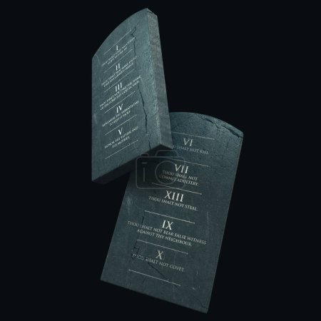 Téléchargez les photos : Deux tablettes de pierre fissurée avec les dix commandements gravés dessus flottant sur un fond sombre - rendu 3D - en image libre de droit