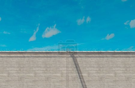 Photo for A high concrete wall topped with barbed wire with a long metal step ladder leaned up against it - 3D render - Royalty Free Image