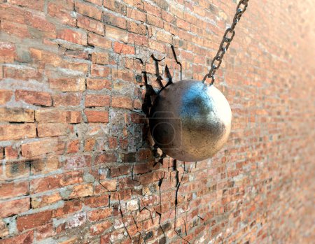A regular metal wrecking ball attached to a chain breaking a hole in a flat brick wall surface  - 3D render