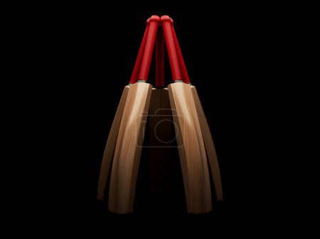 Téléchargez les photos : Un tableau circulaire de chauves-souris de cricket génériques avec des poignées rouges sur un fond sombre isolé - rendu 3D - en image libre de droit