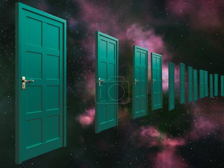 Photo for A line of green doors floating on a galaxy nebula space background  - 3D render - Royalty Free Image