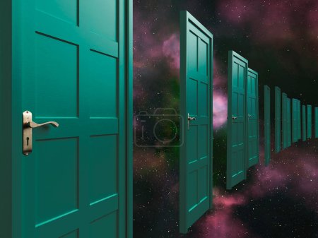 Photo for A line of green doors floating on a galaxy nebula space background  - 3D render - Royalty Free Image