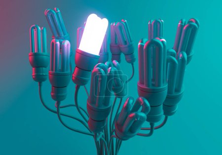 Foto de Una bombilla iluminada entre una colección de bombillas tenues con sus cordones retorcidos juntos en un montón sobre un fondo de estudio azul - 3D render - Imagen libre de derechos