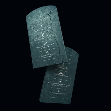 Téléchargez les photos : Deux tablettes de pierre fissurée avec les dix commandements gravés dessus flottant sur un fond sombre - rendu 3D - en image libre de droit