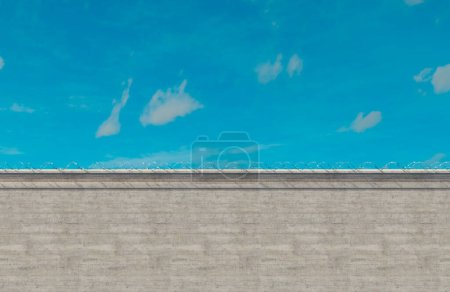 Photo for A massively high concrete security boundary wall topped with barbed wire on a blue sky background - 3D render - Royalty Free Image