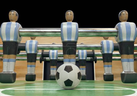 Téléchargez les photos : Un côté d'un baby-foot vintage ou d'une table de baby-foot avec des figurines en métal usé stylisées en kit ressemblant à l'équipe nationale argentine - rendu 3D - en image libre de droit