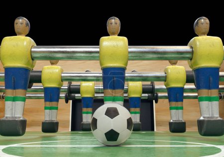 Téléchargez les photos : Un côté d'un baby-foot vintage ou d'une table de baby-foot avec des figurines en métal usé stylisées en kit ressemblant à l "équipe nationale brésilienne - rendu 3D - en image libre de droit