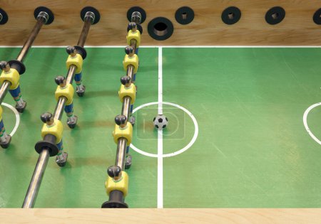 Téléchargez les photos : Un côté d'un baby-foot vintage ou d'une table de baby-foot avec des figurines en métal usé stylisées en kit ressemblant à l "équipe nationale brésilienne - rendu 3D - en image libre de droit