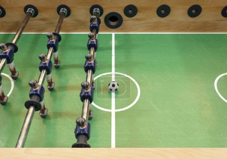 Téléchargez les photos : Une face d'un baby-foot vintage ou d'une table de baby-foot avec des figurines en métal usé stylisées en kit ressemblant à l "équipe nationale de France - rendu 3D - en image libre de droit