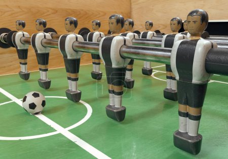 Téléchargez les photos : Un côté d'un baby-foot vintage ou d'une table de baby-foot avec des figurines en métal usé stylisées en kit ressemblant à l'équipe nationale d'Allemagne - rendu 3D - en image libre de droit