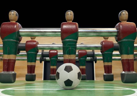 Téléchargez les photos : Un côté d'un baby-foot vintage ou d'une table de baby-foot avec des figurines en métal usé stylisées en kit ressemblant à l'équipe nationale portugaise - rendu 3D - en image libre de droit
