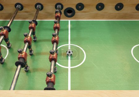 Téléchargez les photos : Un côté d'un baby-foot vintage ou d'une table de baby-foot avec des figurines en métal usé stylisées en kit ressemblant à l'équipe nationale d'Espagne - rendu 3D - en image libre de droit
