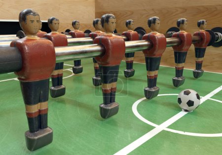 Téléchargez les photos : Un côté d'un baby-foot vintage ou d'une table de baby-foot avec des figurines en métal usé stylisées en kit ressemblant à l'équipe nationale d'Espagne - rendu 3D - en image libre de droit