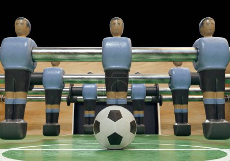 Un lado de una mesa de futbolín o futbolín vintage con figuras metálicas desgastadas con un kit que se asemeja a la selección nacional de Uruguay: representación 3D