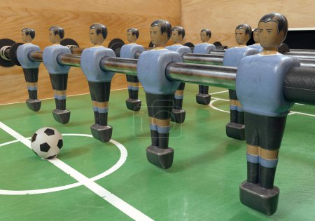 One side of a vintage foosball or table football table with worn metal figures styled in kit resembling the Uruguay national team - 3D render