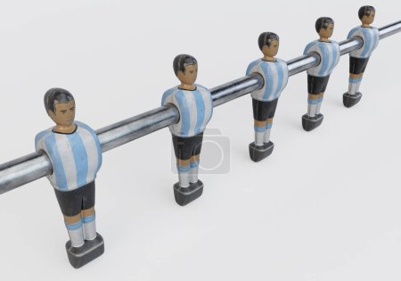Téléchargez les photos : Une seule ligne de figurines usées d'un baby-foot vintage ou d'une table de baby-foot de style kit ressemblant à l "équipe nationale argentine - rendu 3D - en image libre de droit