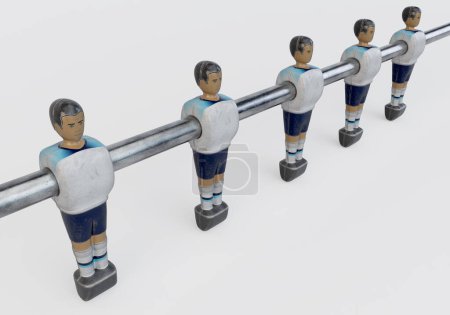 Téléchargez les photos : Une seule ligne de figurines usées d'un baby-foot vintage ou d'une table de baby-foot stylisée en kit ressemblant à l'équipe nationale d'Angleterre - rendu 3D - en image libre de droit