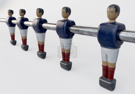 Téléchargez les photos : Une seule ligne de figurines usées d'un baby-foot vintage ou d'une table de baby-foot de style kit ressemblant à l "équipe nationale de France - rendu 3D - en image libre de droit