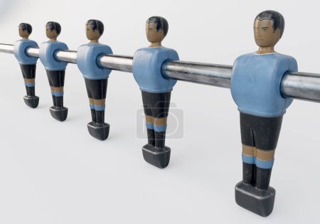 Téléchargez les photos : Une seule ligne de figurines usées d'un baby-foot vintage ou d'une table de baby-foot de style kit ressemblant à l'équipe nationale d'Uruguay - rendu 3D - en image libre de droit