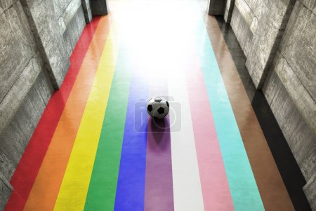 Téléchargez les photos : Un regard lointain dans un tunnel sombre du stade avec un plancher de couleur LGBTQ et une balle de pied pour entrer dans une arène éclairée - rendu 3D - en image libre de droit