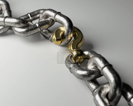 Photo for A worn metal chain with a gold question mark as one of its links on an isolated background - 3D render - Royalty Free Image