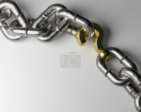 Photo for A worn metal chain with a gold question mark as one of its links on an isolated background - 3D render - Royalty Free Image