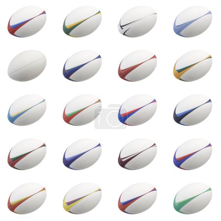 Téléchargez les photos : Une collection de balles de rugby texturées blanches avec différents éléments de conception de couleur sur un fond isolé - rendu 3D - en image libre de droit
