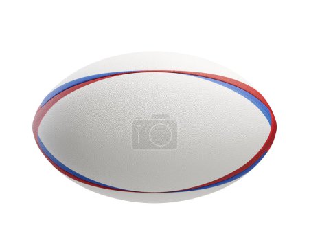 Ein weißer strukturierter Rugby-Ball mit farbigen Design-Elementen auf isoliertem Hintergrund - 3D-Renderer