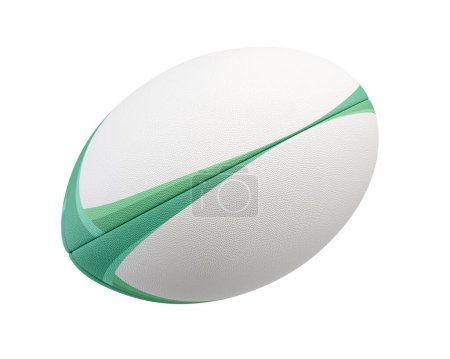 Ein weißer strukturierter Rugby-Ball mit farbigen Design-Elementen auf isoliertem Hintergrund - 3D-Renderer