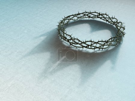 Concept ambigu de branches d'épines tissées dans une couronne de crucifixion et projetant l'ombre d'une vraie couronne royale sur fond blanc isolé - rendu 3D
