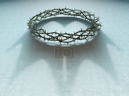 An ambiguity concept of branches of thorns woven into a crucifixion crown and casting a shadow of a real kings crown on isolated white background - 3D render
