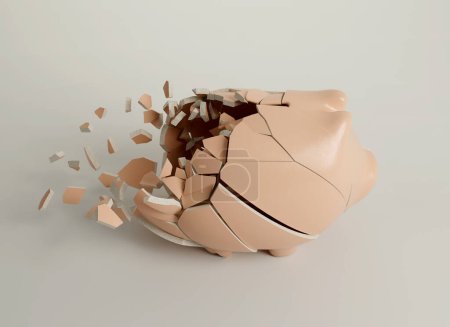 A ceramic beige piggy bank with a shattering back end on an isolated studio background - 3D render