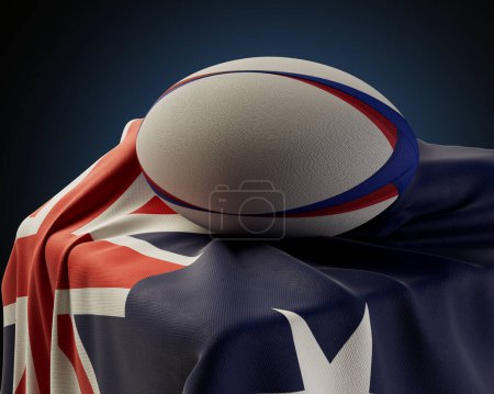 Téléchargez les photos : Une balle de rugby régulière reposant sur un drapeau australien drapé sur un socle sur un fond de studio isolé - rendu 3D - en image libre de droit