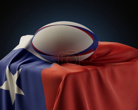 Téléchargez les photos : Une balle de rugby régulière reposant sur un drapeau chilien drapé sur un socle sur un fond de studio isolé - rendu 3D - en image libre de droit