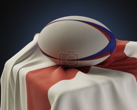 Téléchargez les photos : Une balle de rugby régulière reposant sur un drapeau anglais drapé sur un socle sur un fond de studio isolé - rendu 3D - en image libre de droit