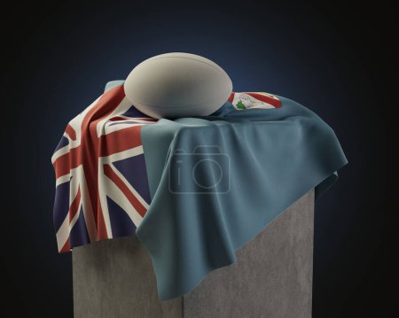 Téléchargez les photos : Une balle de rugby régulière reposant sur un drapeau fidjien drapé sur un socle sur un fond de studio isolé - rendu 3D - en image libre de droit