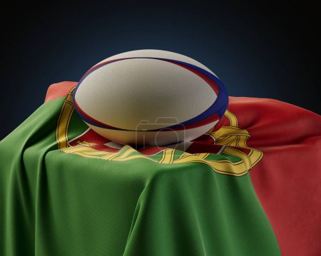 Téléchargez les photos : Une balle de rugby régulière reposant sur un drapeau portugais drapé sur un socle sur un fond de studio isolé - rendu 3D - en image libre de droit