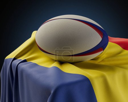 Téléchargez les photos : Une balle de rugby régulière reposant sur un drapeau roumain drapé sur un socle sur un fond de studio isolé - rendu 3D - en image libre de droit