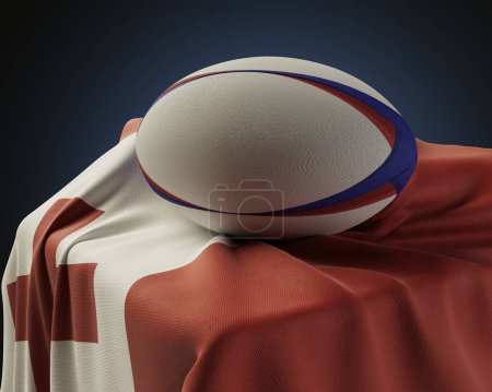 Téléchargez les photos : Une balle de rugby régulière reposant sur un drapeau Tonga drapé sur un socle sur un fond de studio isolé - rendu 3D - en image libre de droit