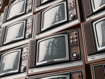 Photo for A stacked wall of old vintage tube televisions with wood trim and chrome dials and knobs - 3D render - Royalty Free Image