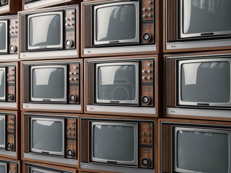 Photo for A stacked wall of old vintage tube televisions with wood trim and chrome dials and knobs - 3D render - Royalty Free Image